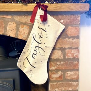 Personalised linen stocking with velvet ribbon