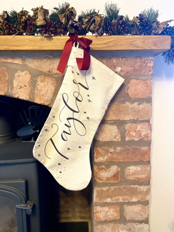 Personalised linen stocking with velvet ribbon