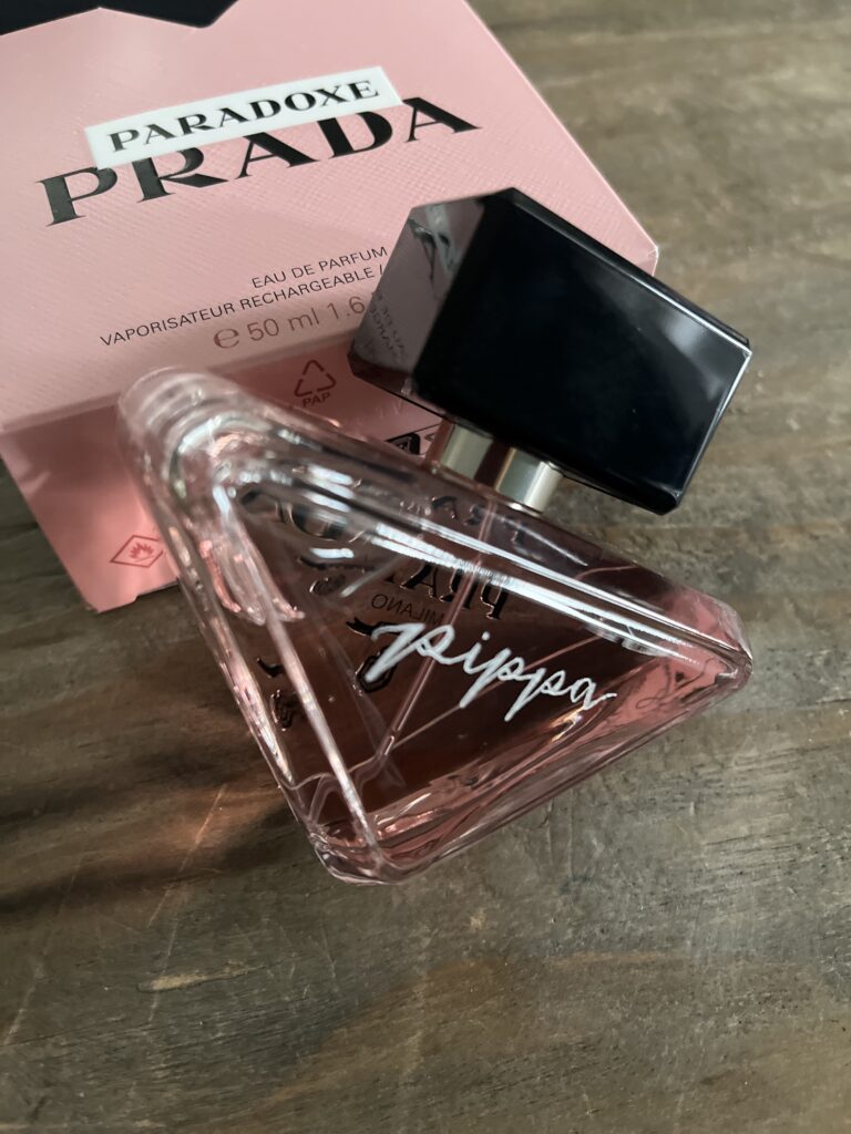 Hand engraved perfume bottle on Prada Paradoxes in The Trafford Centre 
