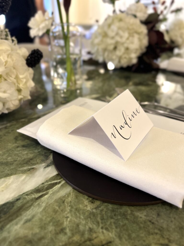 Handwritten place names for a Selfridges VIP dinner